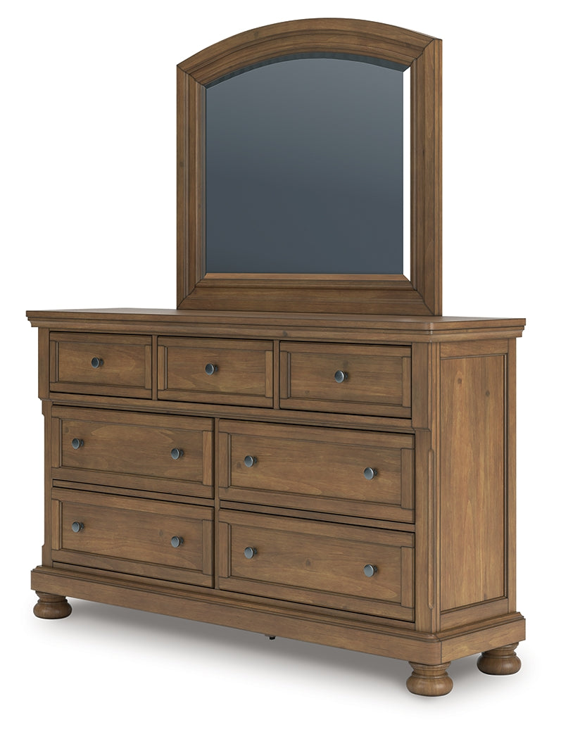 Feddinger King Storage Sleigh Bed with Mirrored Dresser, Chest and Nightstand in Medium Brown from Ashley - Luna Furniture