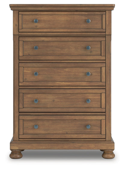 Feddinger King Storage Sleigh Bed with Mirrored Dresser, Chest and Nightstand in Medium Brown from Ashley - Luna Furniture