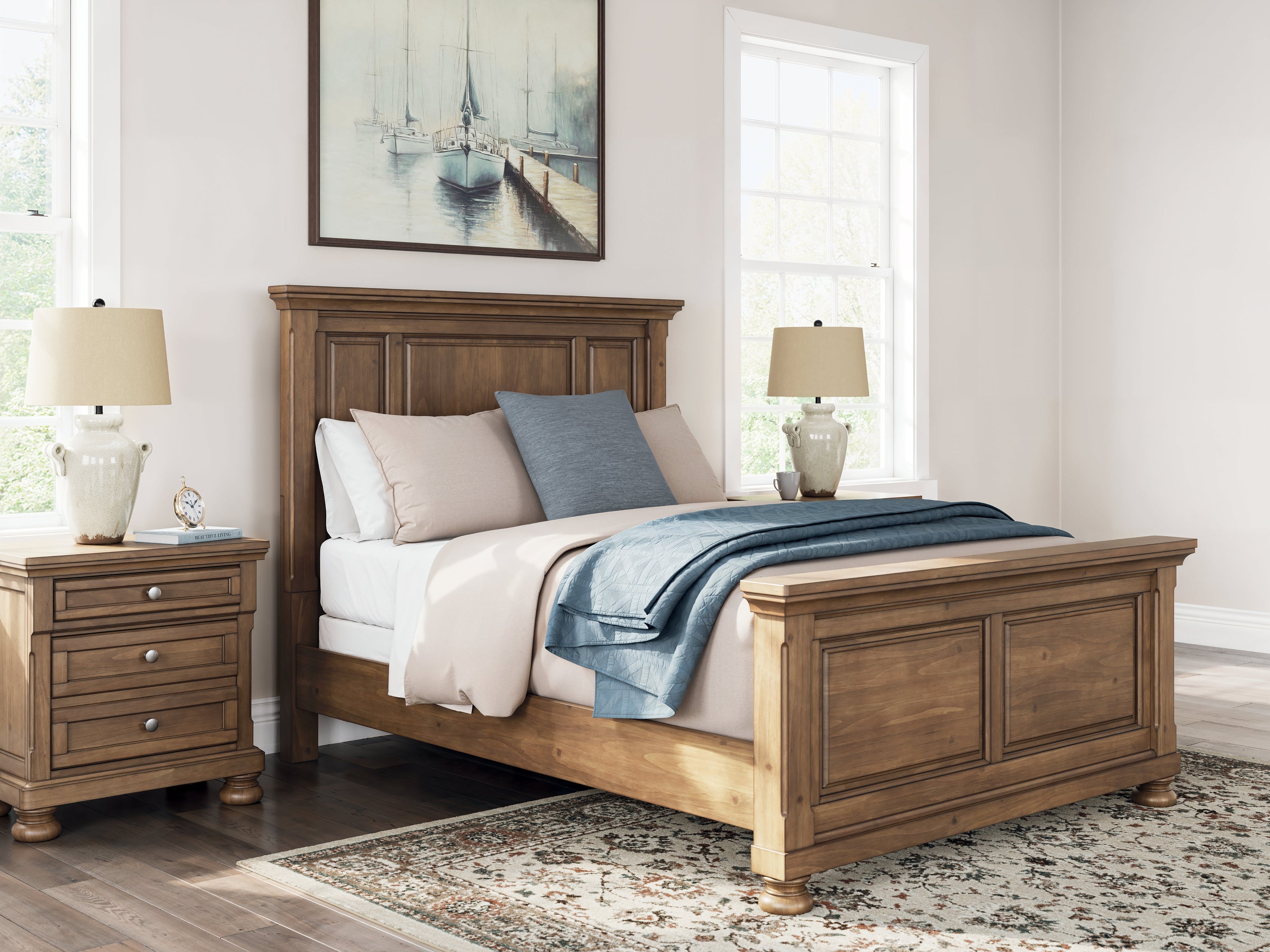 Feddinger Queen Panel Bed with Mirrored Dresser, Chest and 2 Nightstands in Medium Brown from Ashley - Luna Furniture