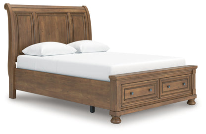 Feddinger Queen Storage Sleigh Bed with Mirrored Dresser and Chest in Medium Brown from Ashley - Luna Furniture