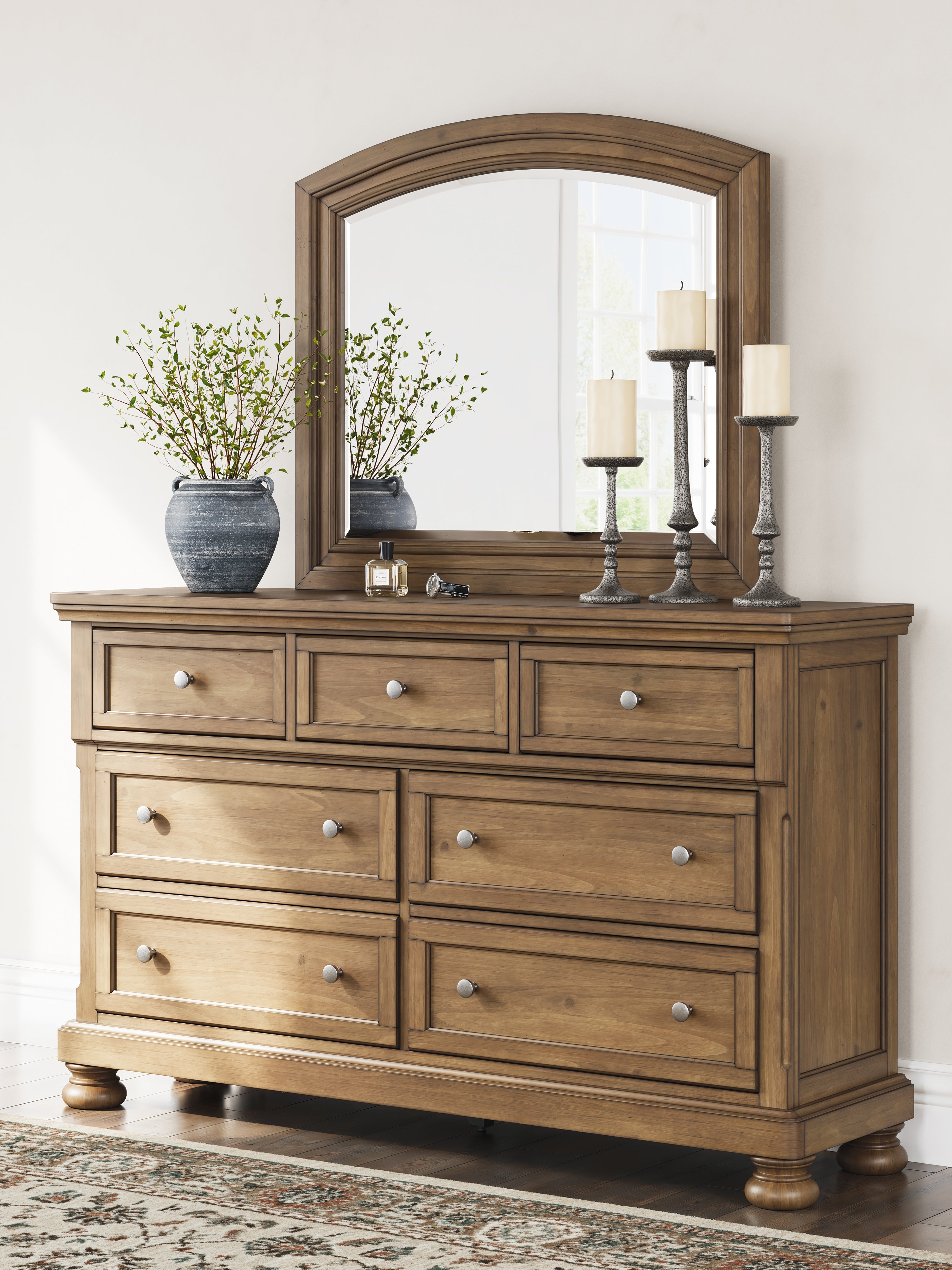 Feddinger Queen Storage Sleigh Bed with Mirrored Dresser and Chest in Medium Brown from Ashley - Luna Furniture