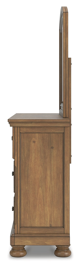 Feddinger Queen Storage Sleigh Bed with Mirrored Dresser and Chest in Medium Brown from Ashley - Luna Furniture