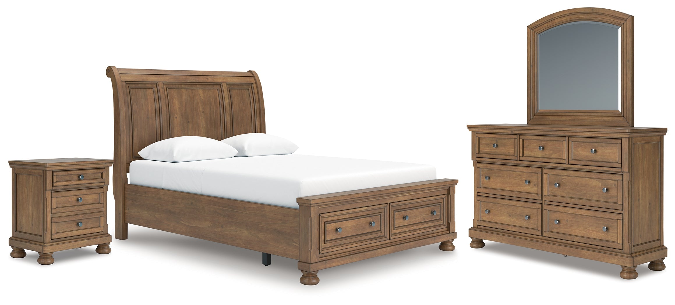 Feddinger Queen Storage Sleigh Bed with Mirrored Dresser and Nightstand in Medium Brown from Ashley - Luna Furniture