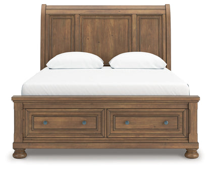 Feddinger Queen Storage Sleigh Bed with Mirrored Dresser, Chest and Nightstand in Medium Brown from Ashley - Luna Furniture