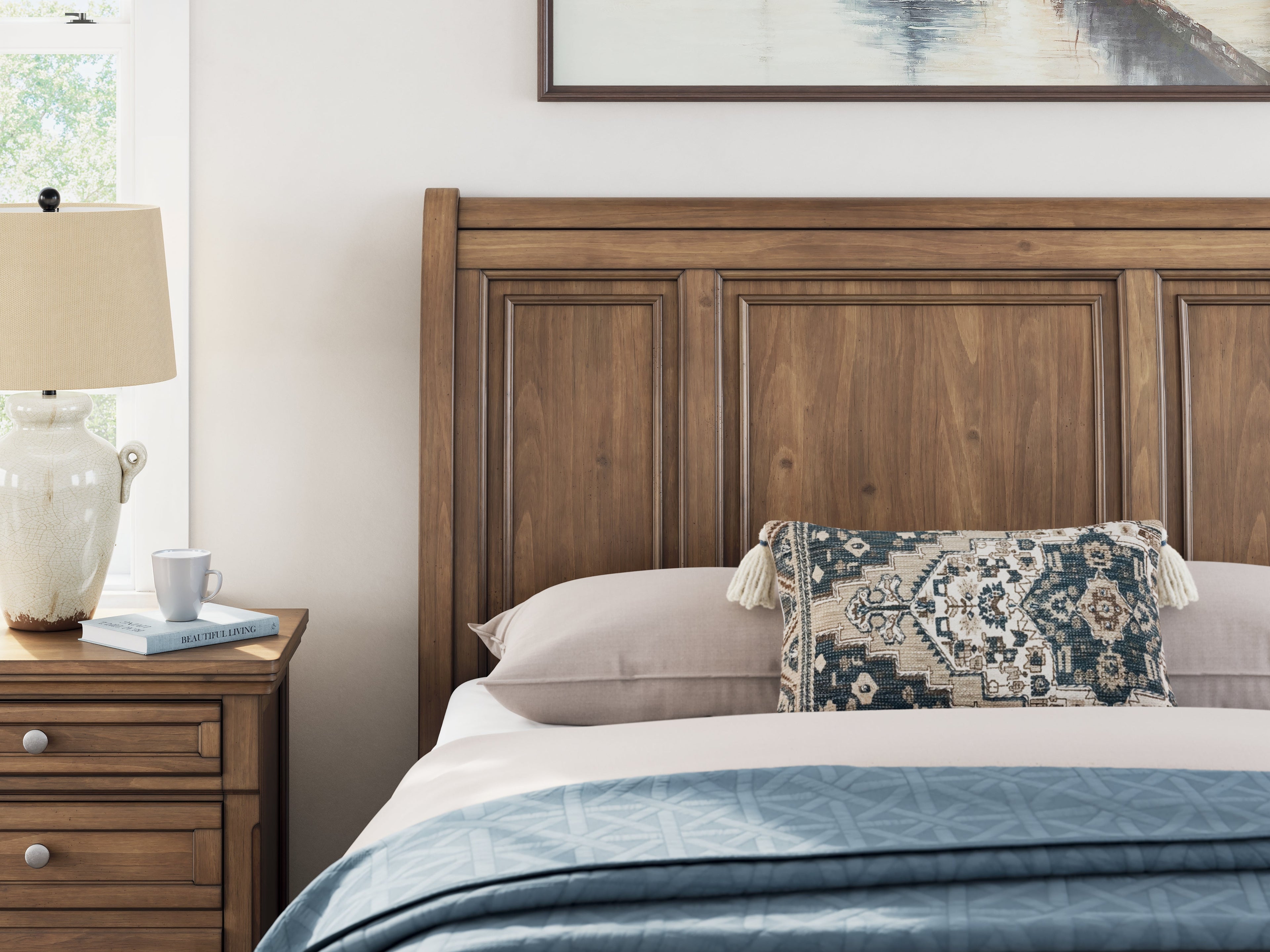 Feddinger Queen Storage Sleigh Bed with Mirrored Dresser, Chest and Nightstand in Medium Brown from Ashley - Luna Furniture
