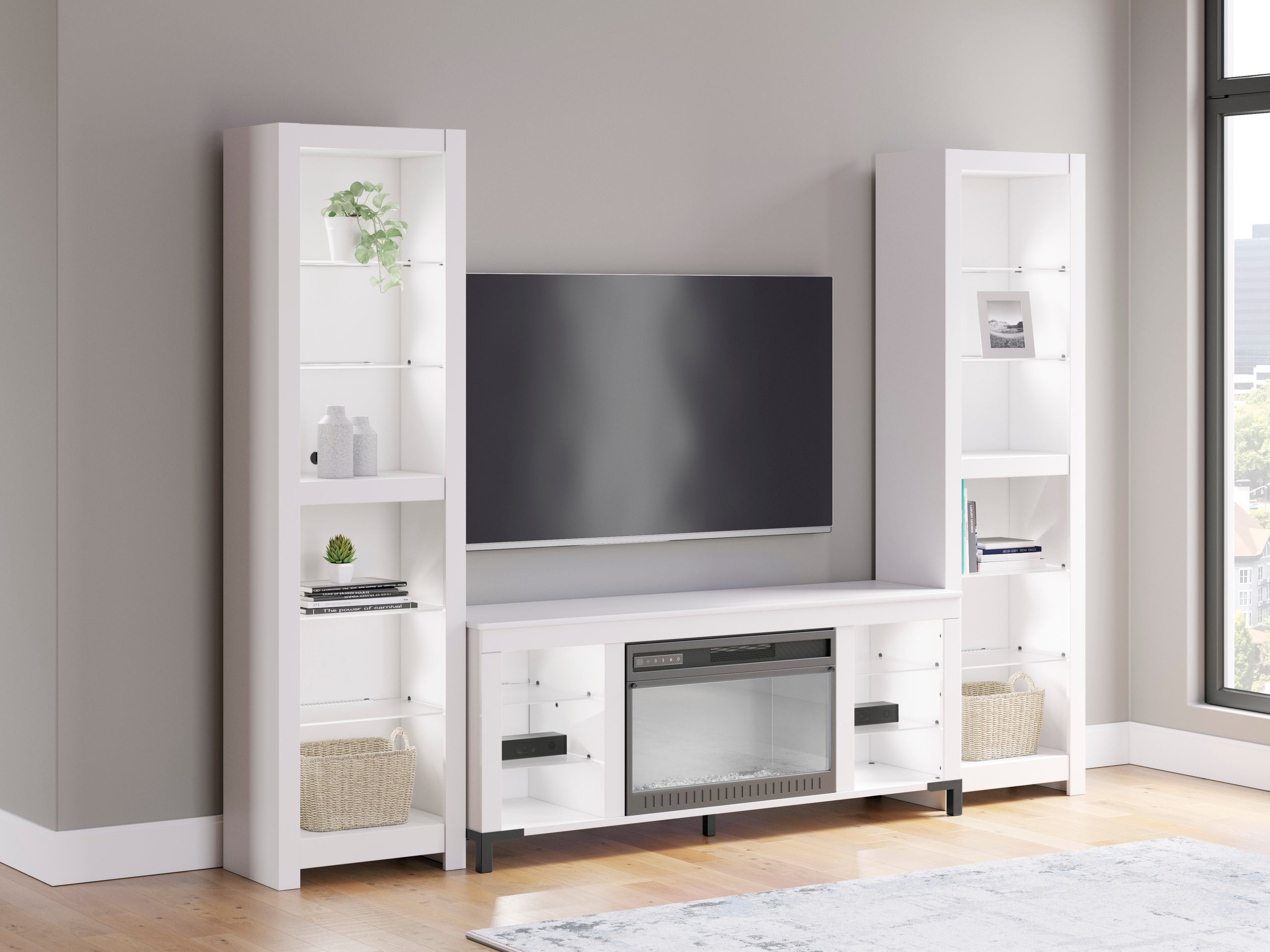 W2722 - TV Stand 59" L w/Fireplace (LED Lights) *3PC SET (TV Stand+2 Piers) - W2722 - TV Stand 59" L w/Fireplace 3PC SET (TV Stand+2 Piers)