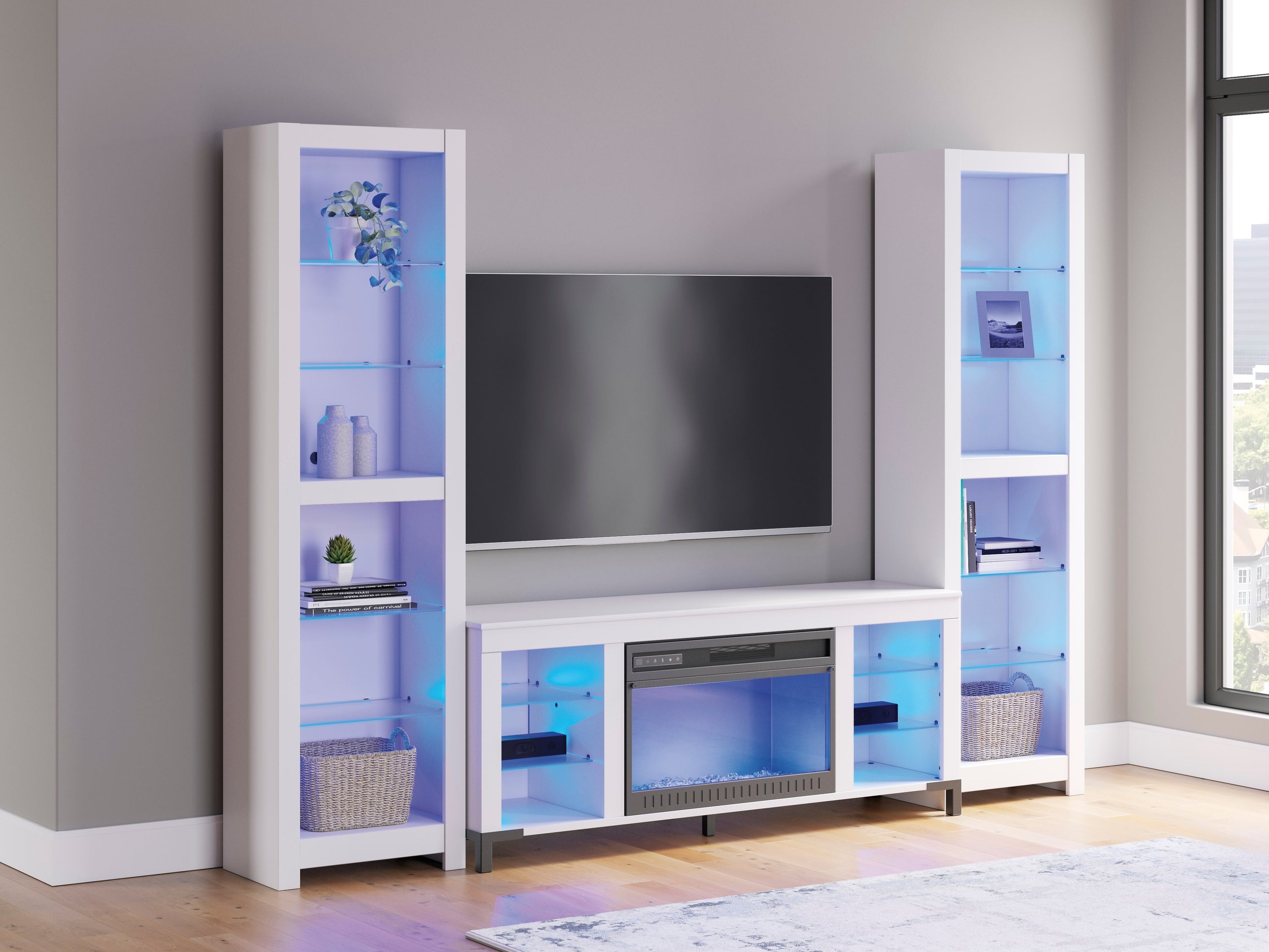 W2722 - TV Stand 59" L w/Fireplace (LED Lights) *3PC SET (TV Stand+2 Piers) - W2722 - TV Stand 59" L w/Fireplace 3PC SET (TV Stand+2 Piers)