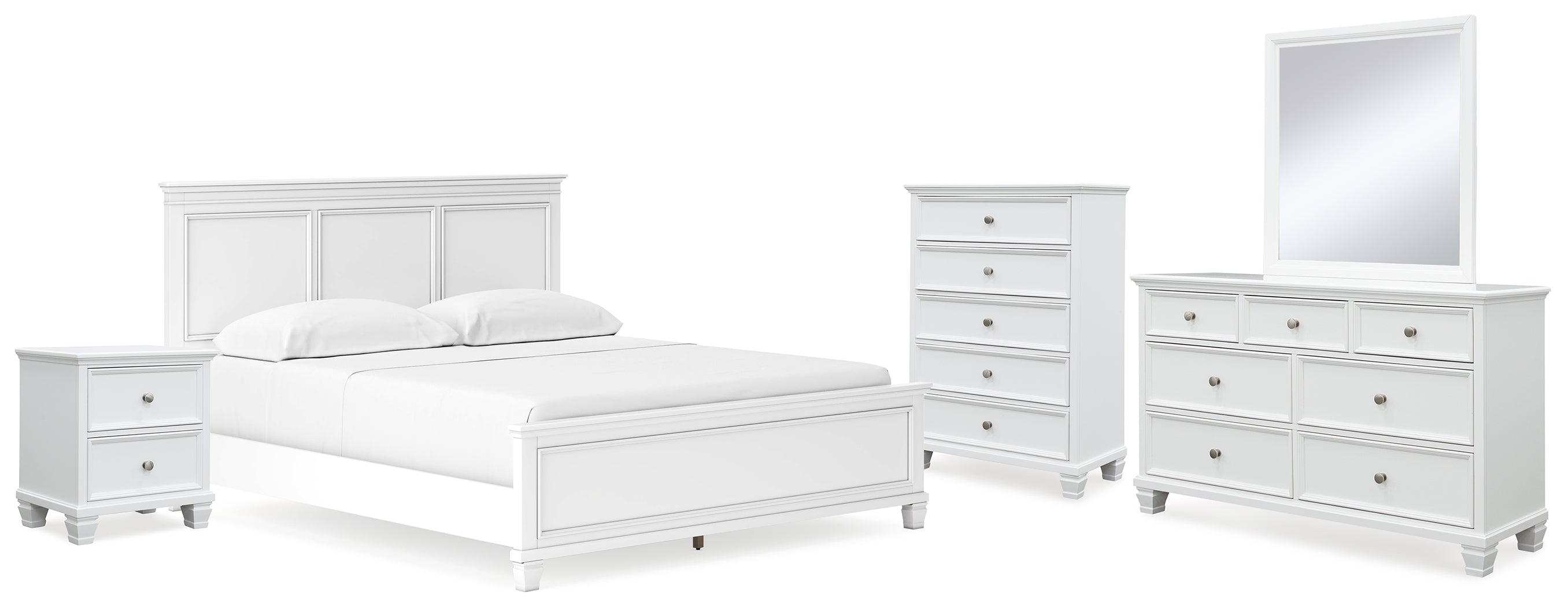 Fortman California King Panel Bed with Mirrored Dresser, Chest and Nightstand in White - PKG015162