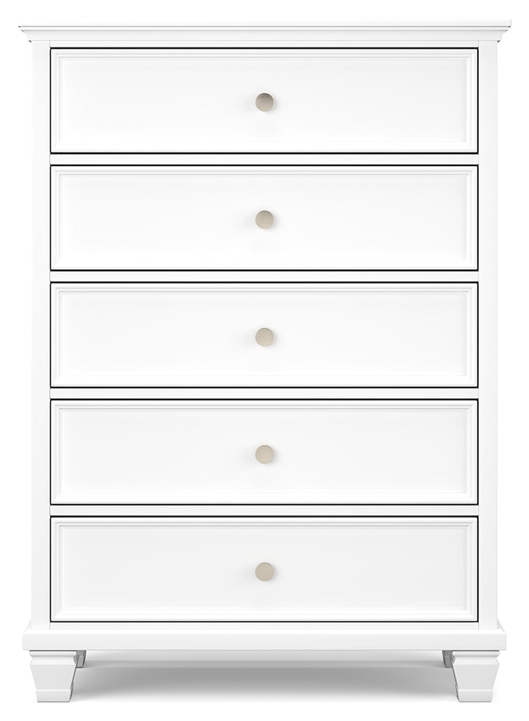 Fortman King Panel Bed with Mirrored Dresser, Chest and 2 Nightstands in White from Ashley - Luna Furniture