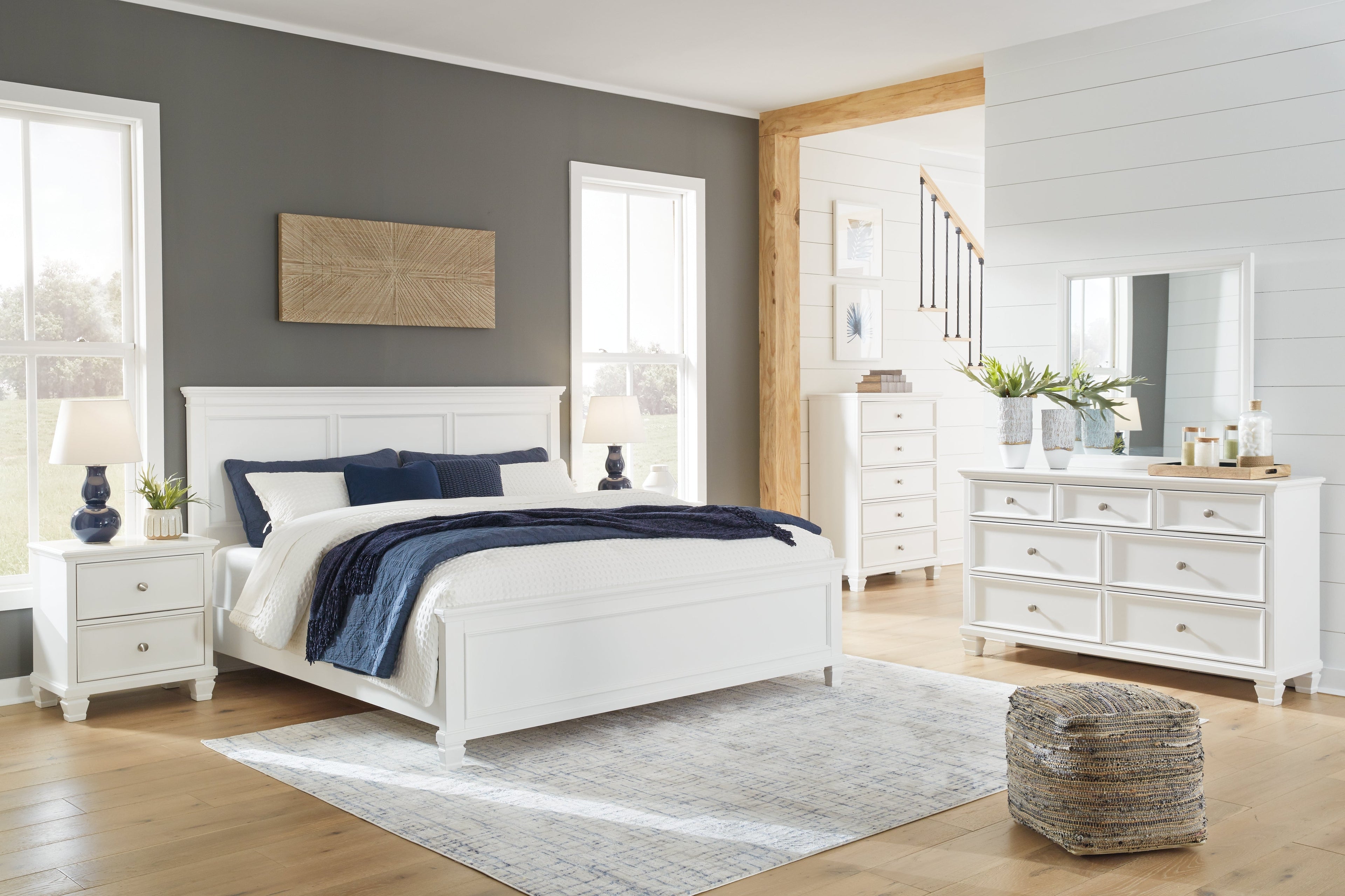 Fortman King Panel Bed with Mirrored Dresser, Chest and 2 Nightstands in White from Ashley - Luna Furniture