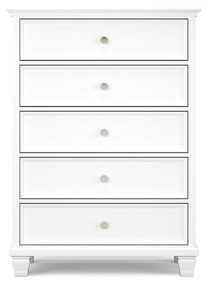 Fortman Queen Panel Bed with Mirrored Dresser, Chest and 2 Nightstands in White - PKG015147