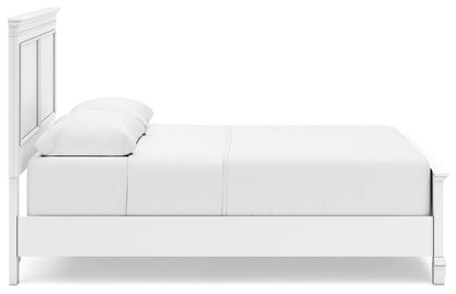 Fortman Queen Panel Bed with Mirrored Dresser, Chest and Nightstand in White - PKG015150