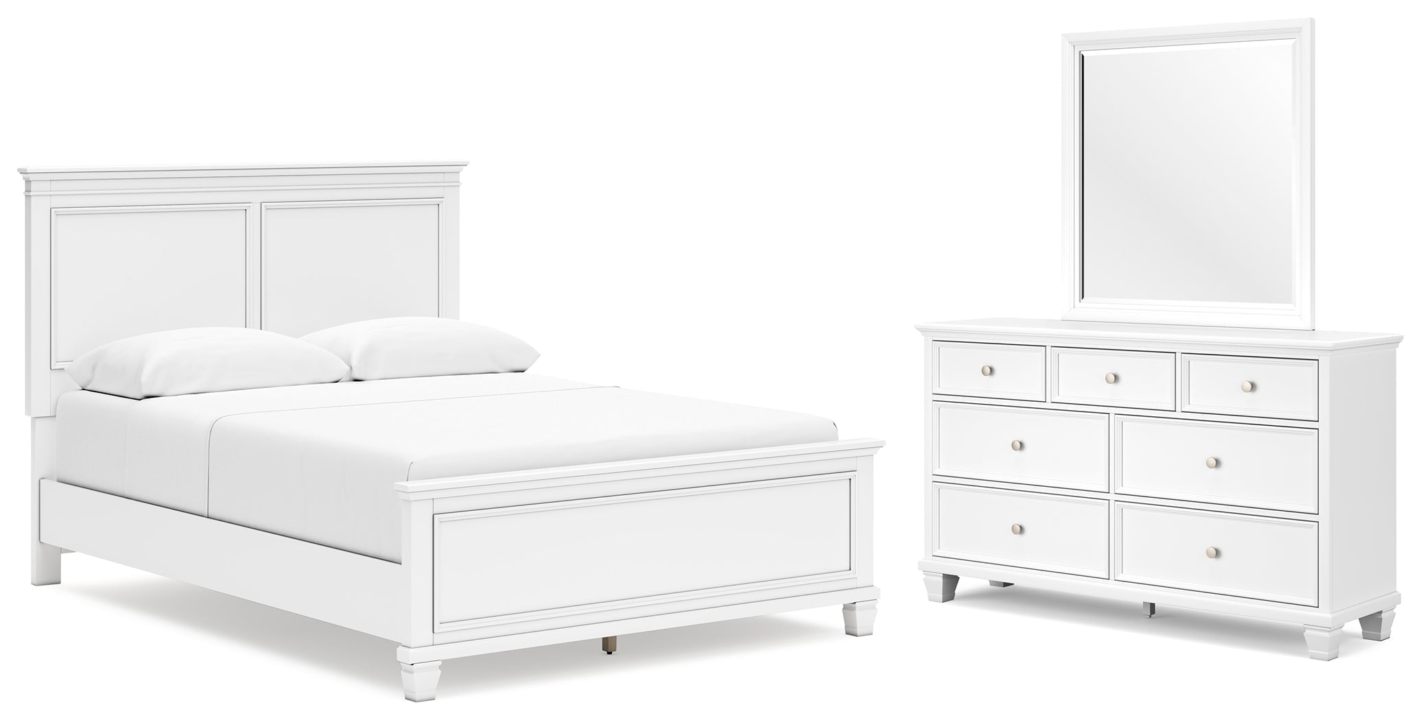 Fortman Queen Panel Bed with Mirrored Dresser in White from Ashley - Luna Furniture