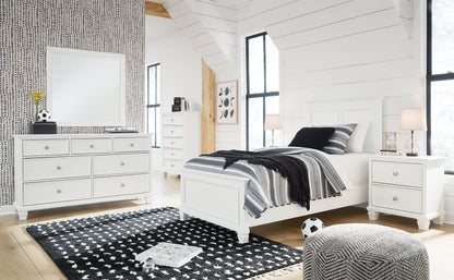 Fortman Twin Panel Bed with Mirrored Dresser and Chest in White - PKG015167