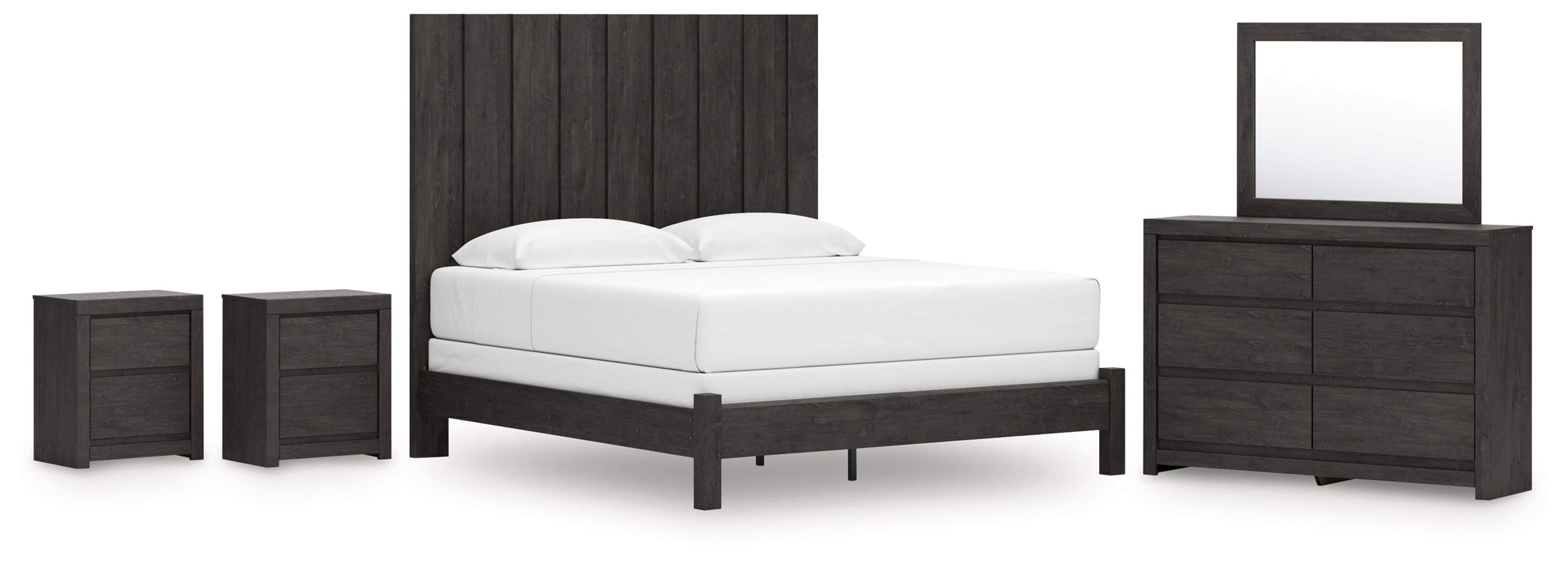 Fraluna King Panel Bed with Mirrored Dresser and 2 Nightstands in Charcoal from Ashley - Luna Furniture