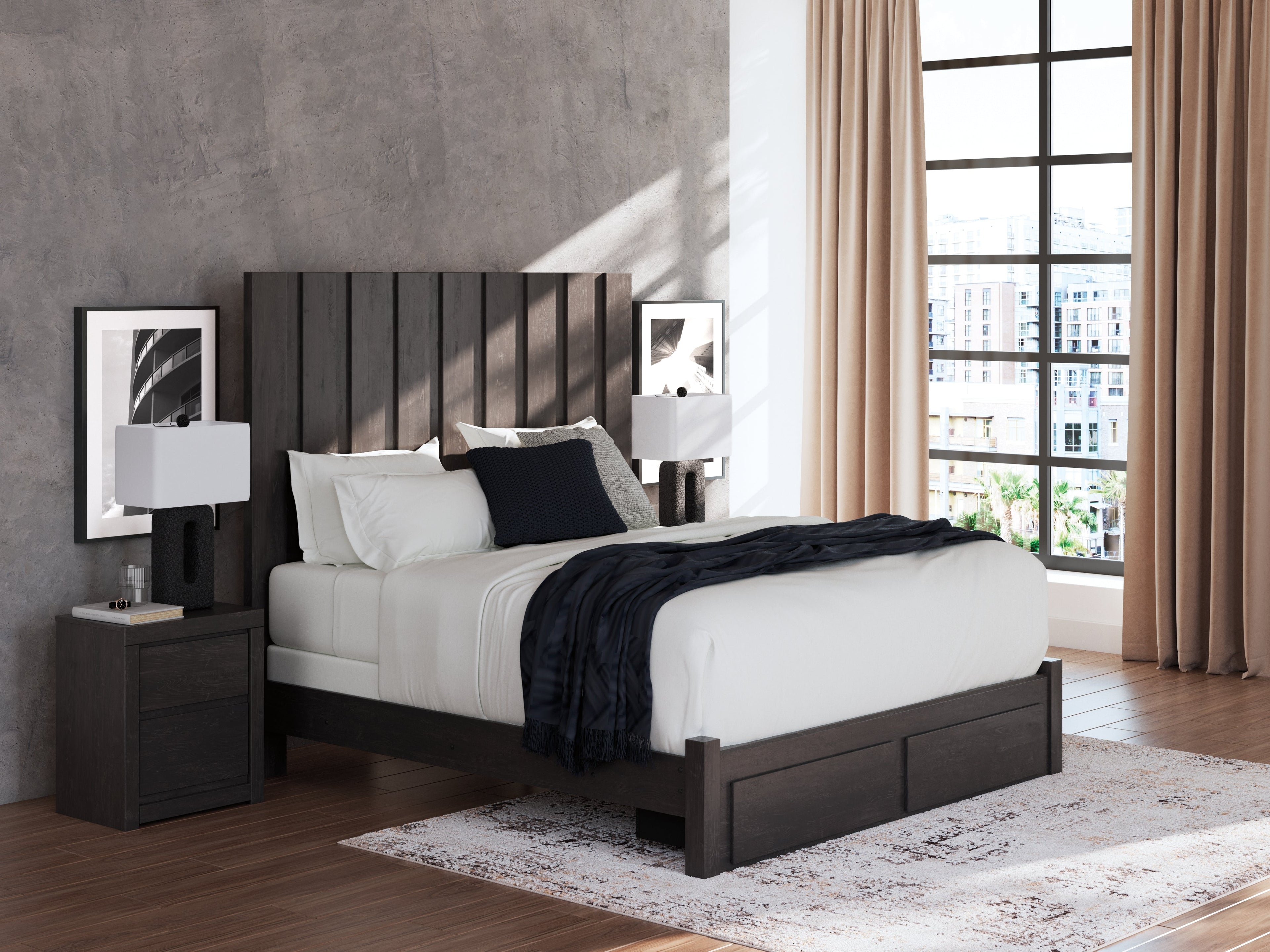 Fraluna King Panel Storage Bed with Mirrored Dresser in Charcoal from Ashley - Luna Furniture