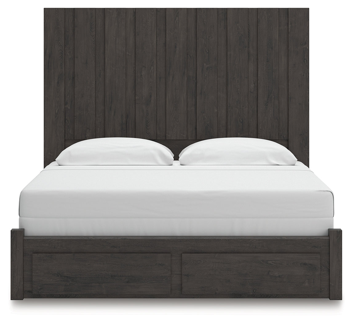 Fraluna King Panel Storage Bed with Mirrored Dresser in Charcoal from Ashley - Luna Furniture