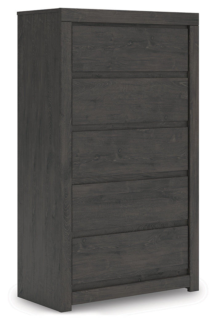 Fraluna Queen Panel Bed with Mirrored Dresser and Chest in Charcoal from Ashley - Luna Furniture
