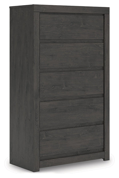 Fraluna Queen Panel Bed with Mirrored Dresser and Chest in Charcoal from Ashley - Luna Furniture