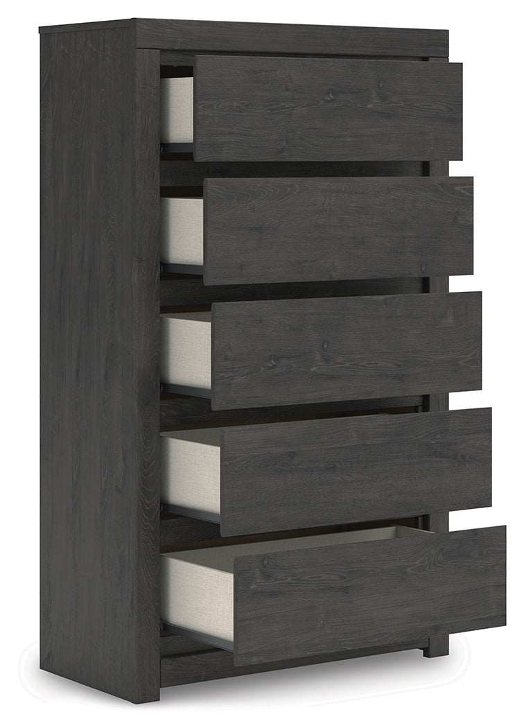 Fraluna Queen Panel Bed with Mirrored Dresser and Chest in Charcoal from Ashley - Luna Furniture