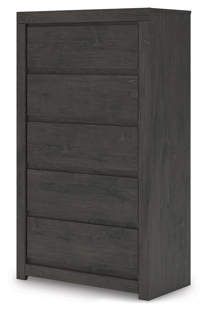 Fraluna Queen Panel Bed with Mirrored Dresser and Chest in Charcoal from Ashley - Luna Furniture