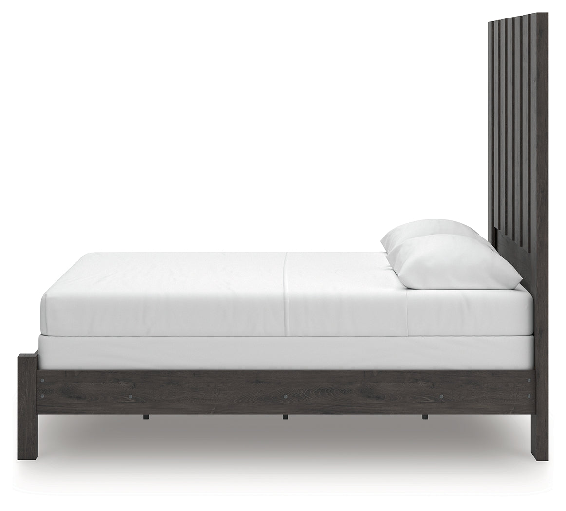 Fraluna Queen Panel Bed with Mirrored Dresser and Chest in Charcoal from Ashley - Luna Furniture