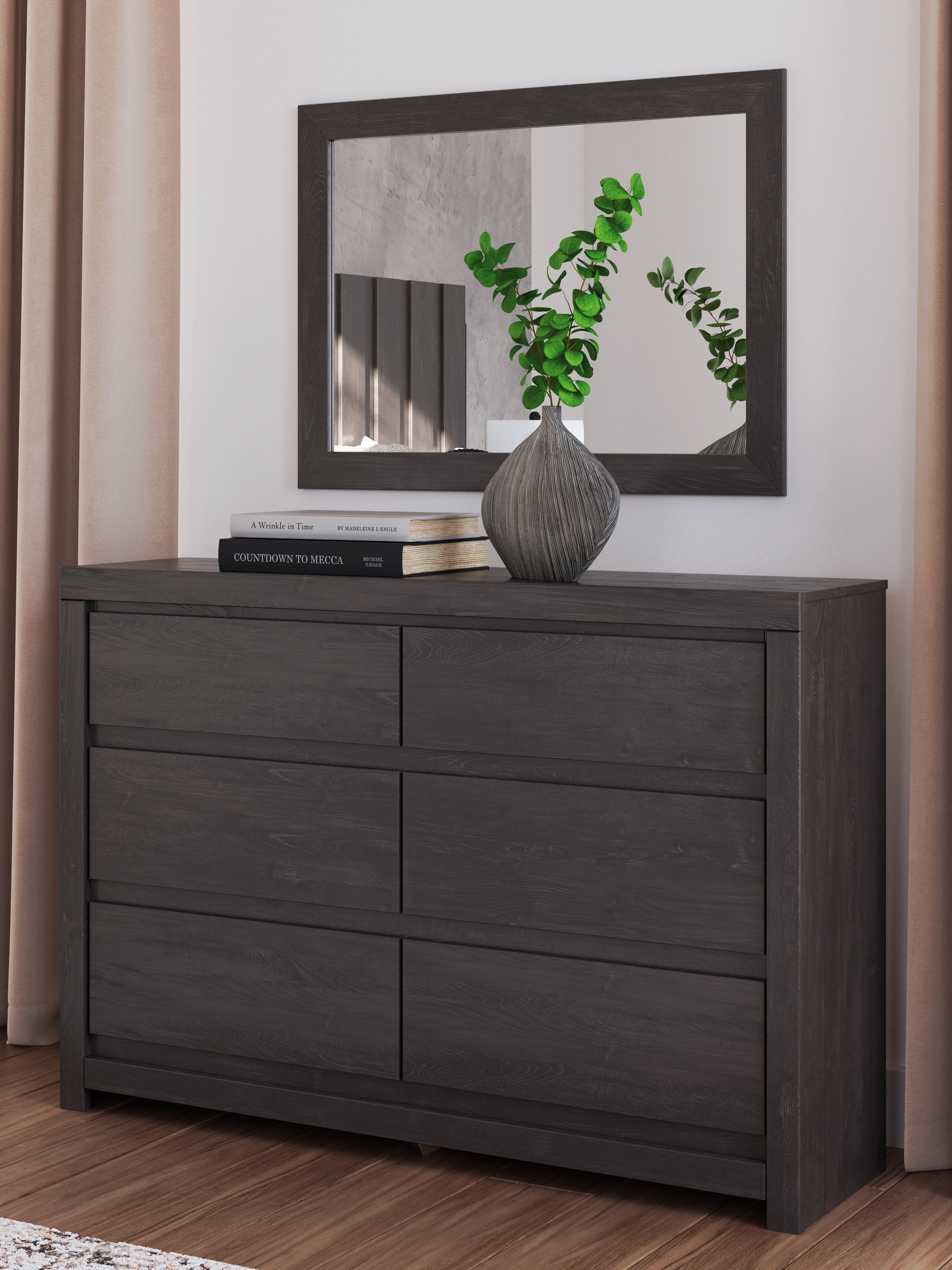 Fraluna Queen Panel Bed with Mirrored Dresser and Chest in Charcoal from Ashley - Luna Furniture