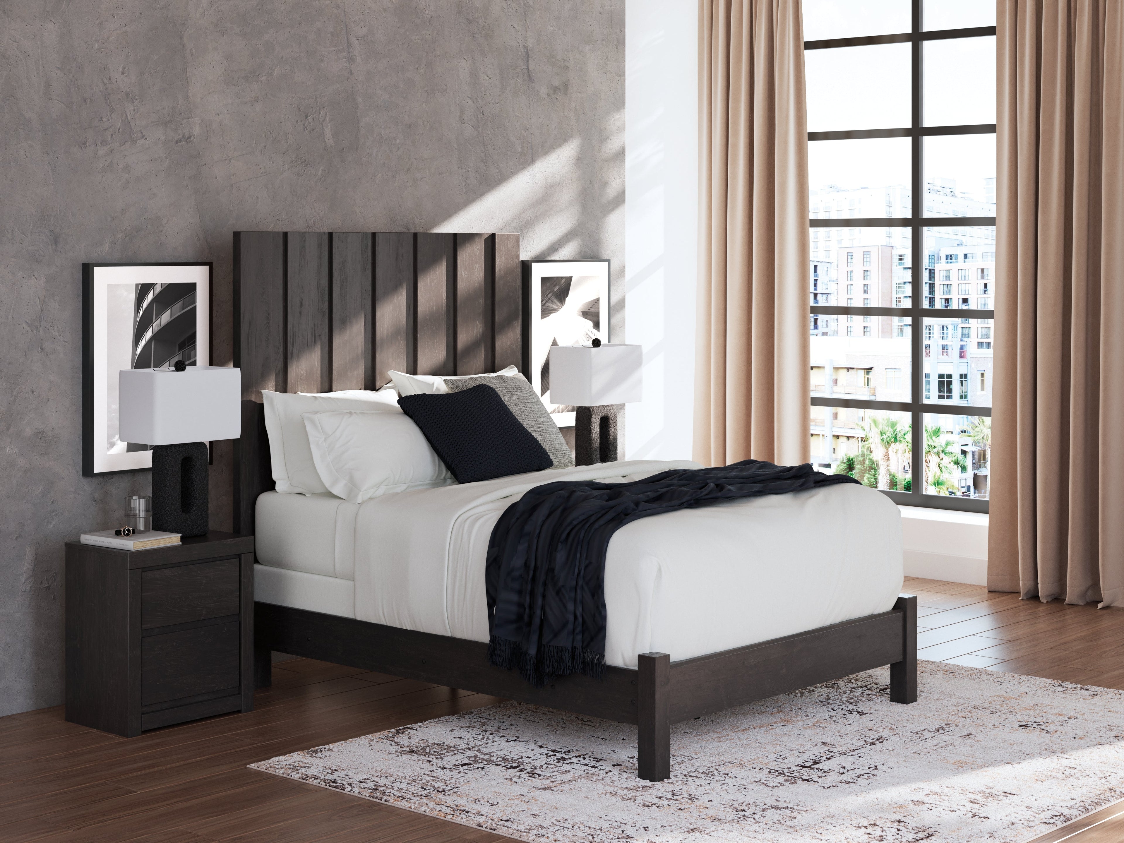 Fraluna Queen Panel Bed with Mirrored Dresser and Chest in Charcoal from Ashley - Luna Furniture