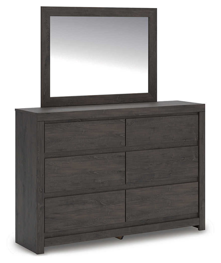 Fraluna Queen Panel Bed with Mirrored Dresser and Chest in Charcoal from Ashley - Luna Furniture