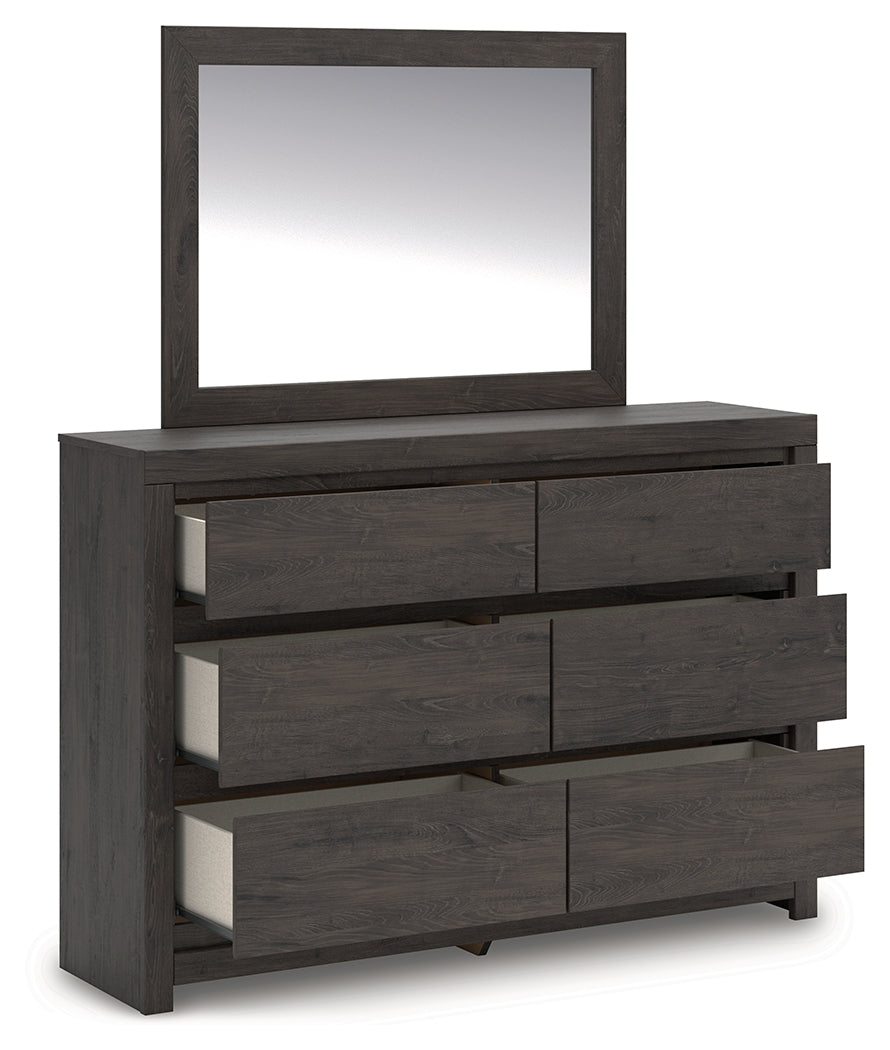 Fraluna Queen Panel Bed with Mirrored Dresser and Chest in Charcoal from Ashley - Luna Furniture