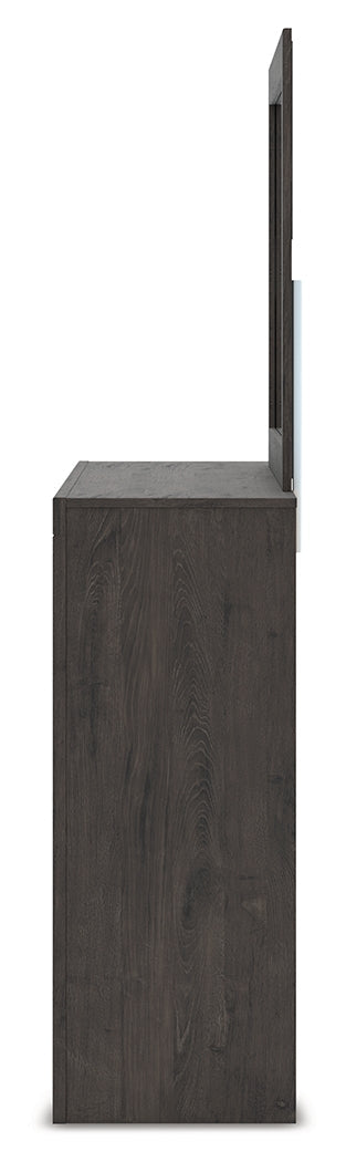 Fraluna Queen Panel Bed with Mirrored Dresser and Chest in Charcoal from Ashley - Luna Furniture