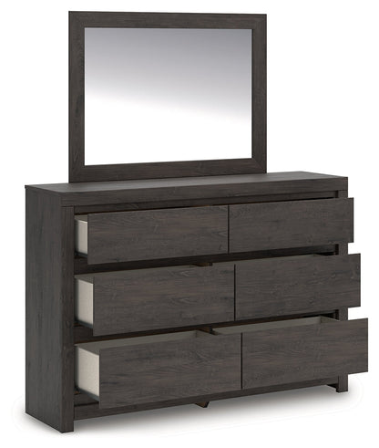 Fraluna Queen Panel Bed with Mirrored Dresser, Chest and Nightstand in Charcoal from Ashley - Luna Furniture