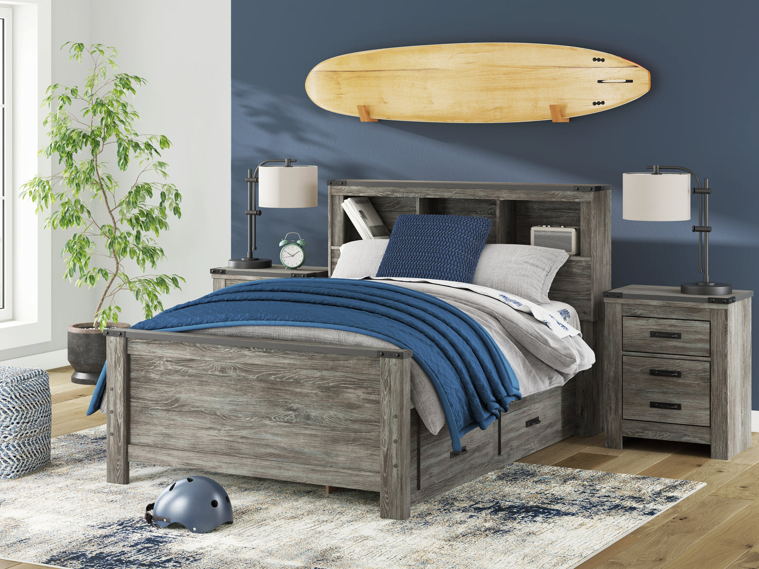 Frandern Full Bookcase Bed with Storage, Dresser and Mirror - B4480B11