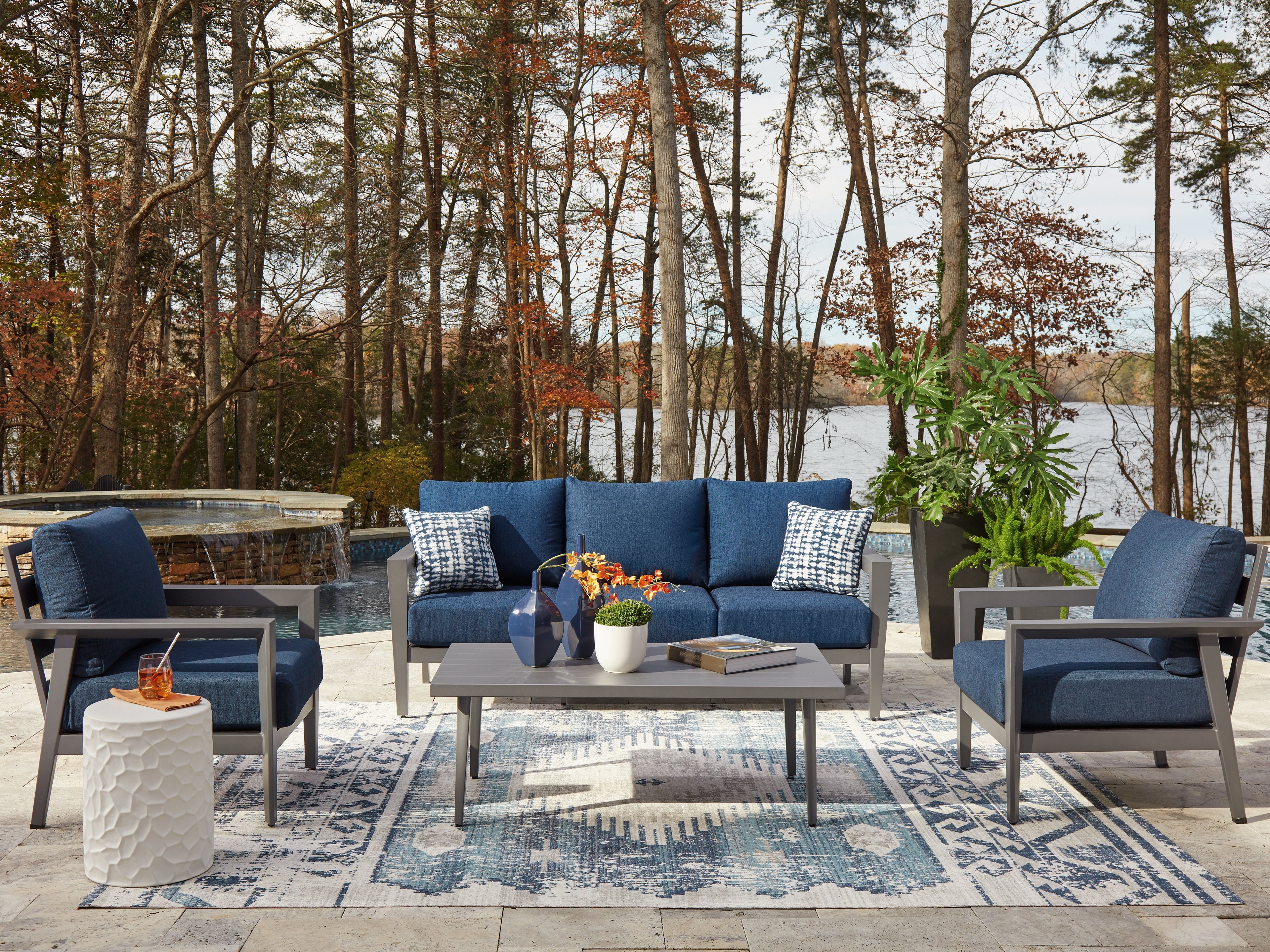 Gali Gray/Blue Outdoor Sofa/Chairs/Table Set (Set of 4) - P275-081