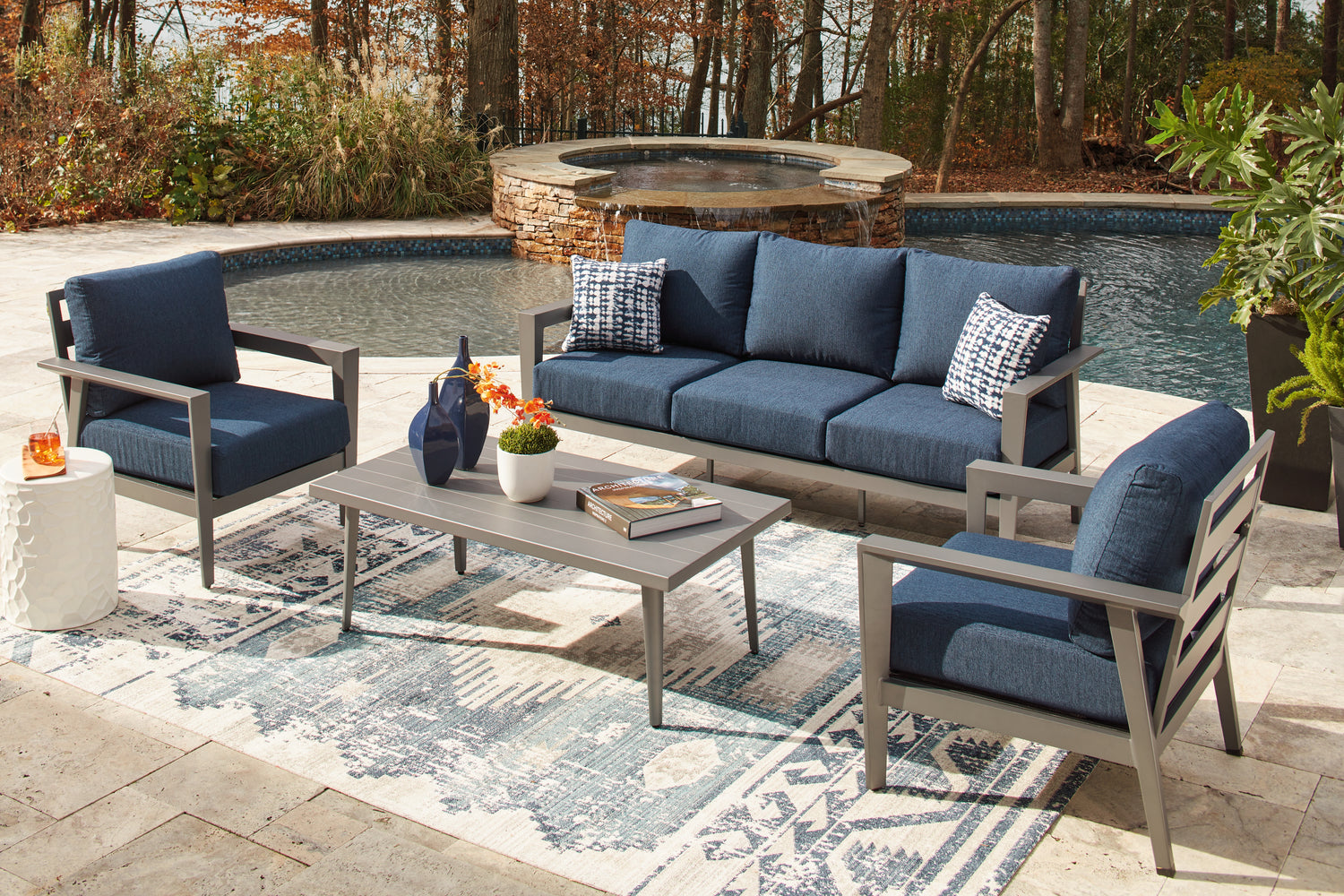 Gali Gray/Blue Outdoor Sofa/Chairs/Table Set (Set of 4) - P275-081