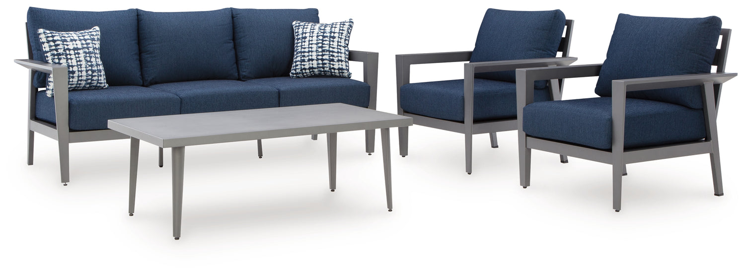 Gali Gray/Blue Outdoor Sofa/Chairs/Table Set (Set of 4) - P275-081