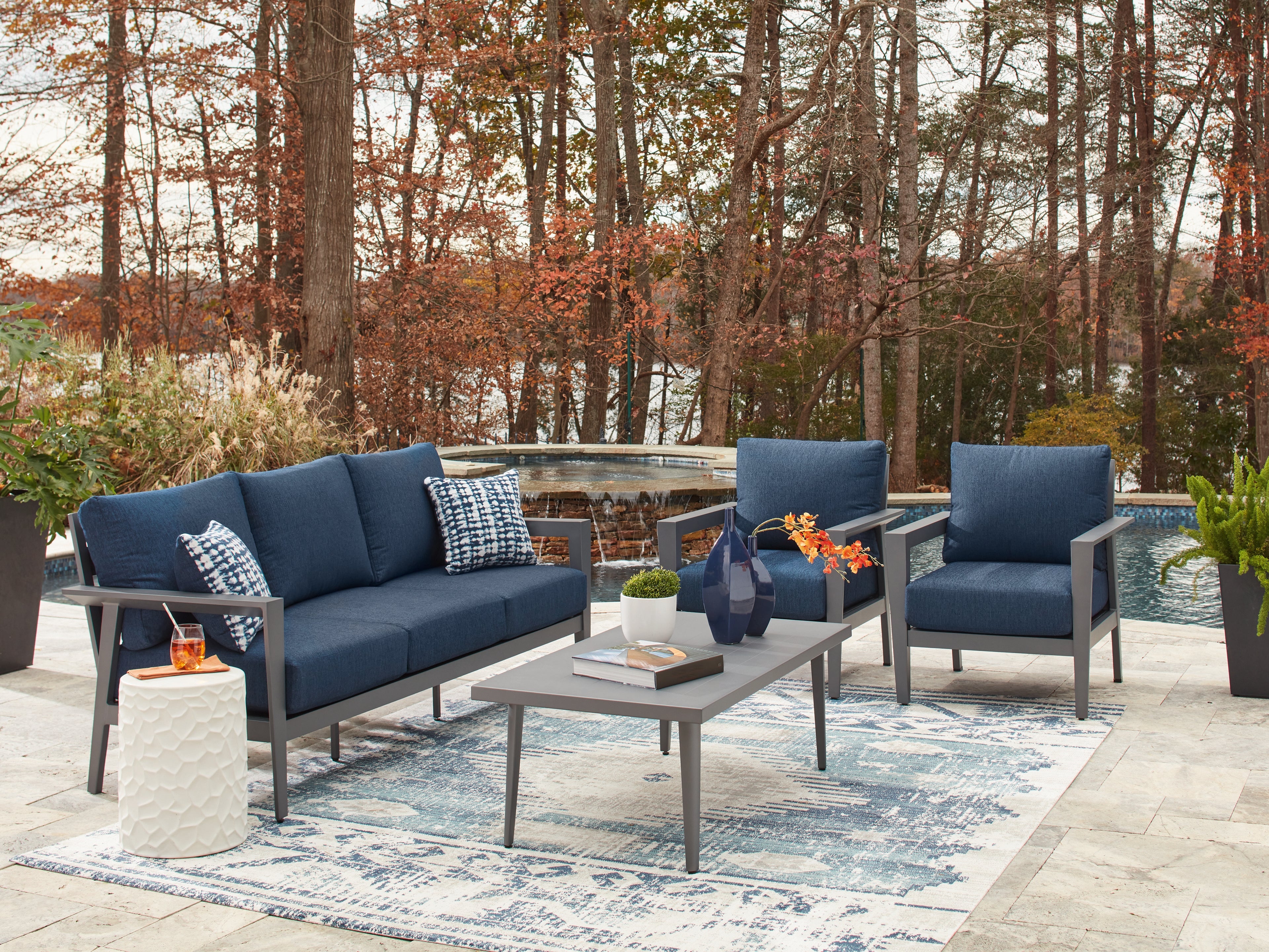 Gali Gray/Blue Outdoor Sofa/Chairs/Table Set (Set of 4) - P275-081
