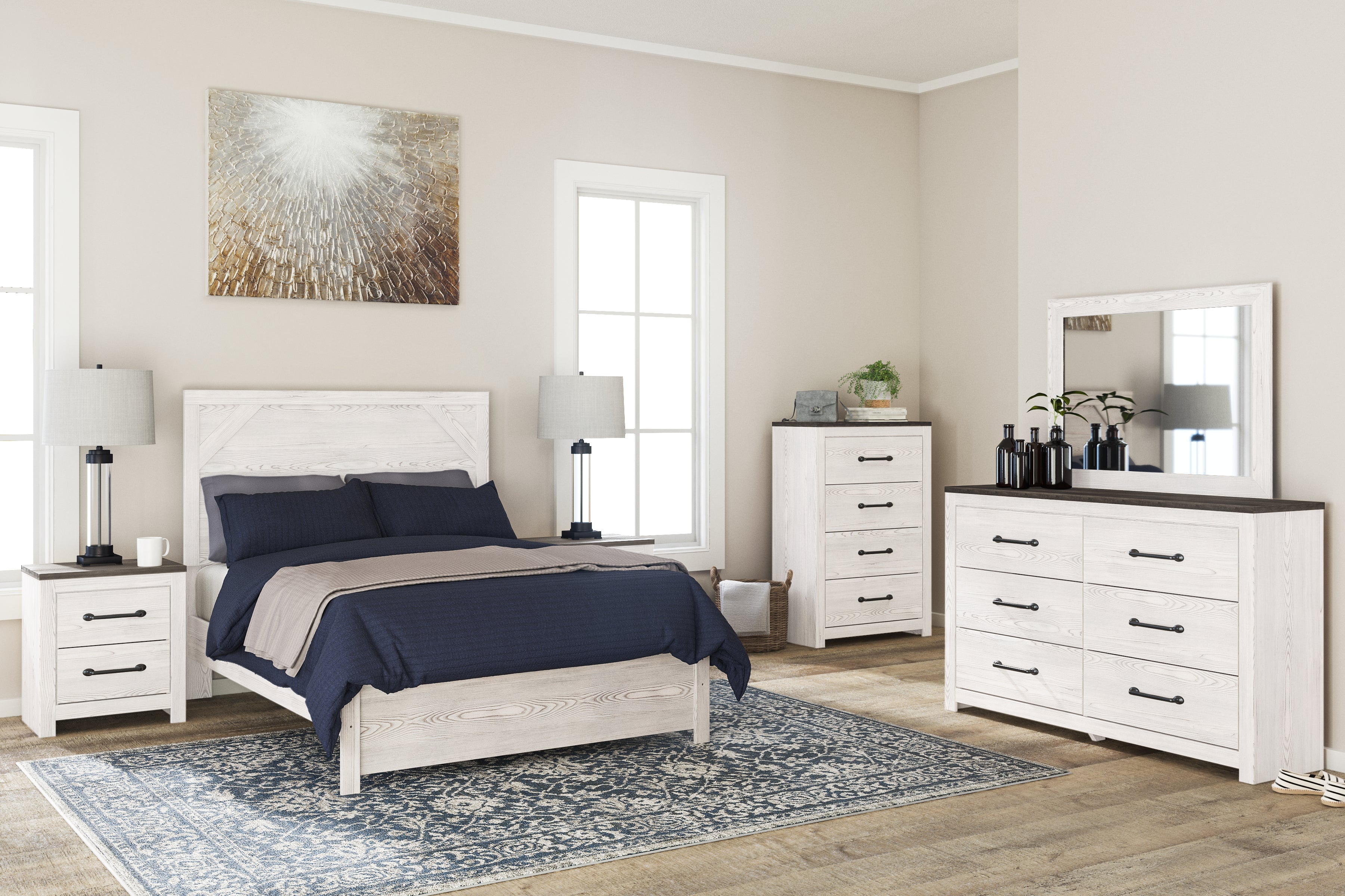 Gerridan Full Panel Bed with Mirrored Dresser, Chest and Nightstand in White/Gray from Ashley - Luna Furniture
