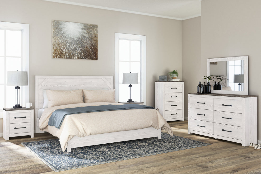 Gerridan King Panel Bed with Mirrored Dresser, Chest and 2 Nightstands in White/Gray from Ashley - Luna Furniture