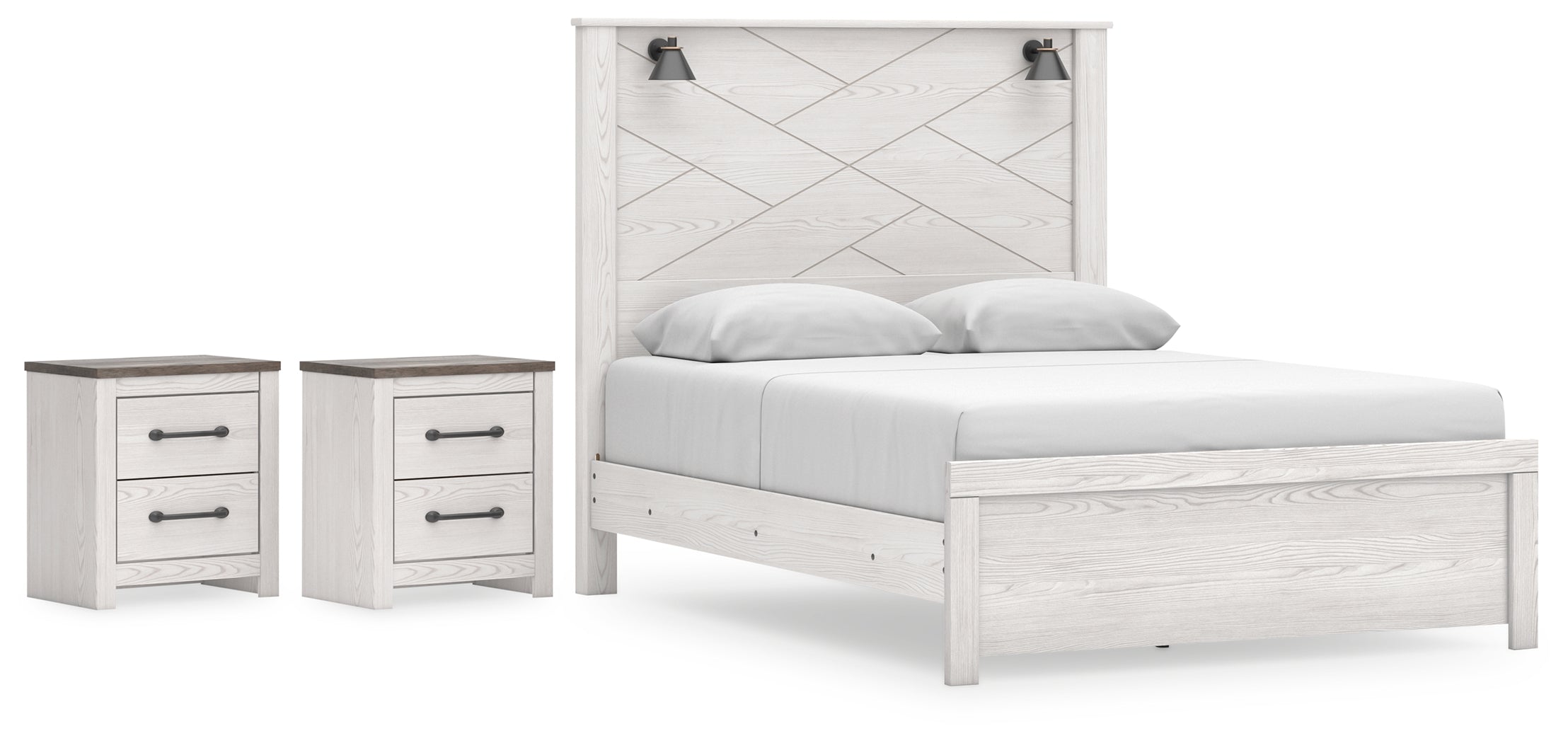 Gerridan Queen Panel Bed with 2 Nightstands in White/Gray - PKG019123
