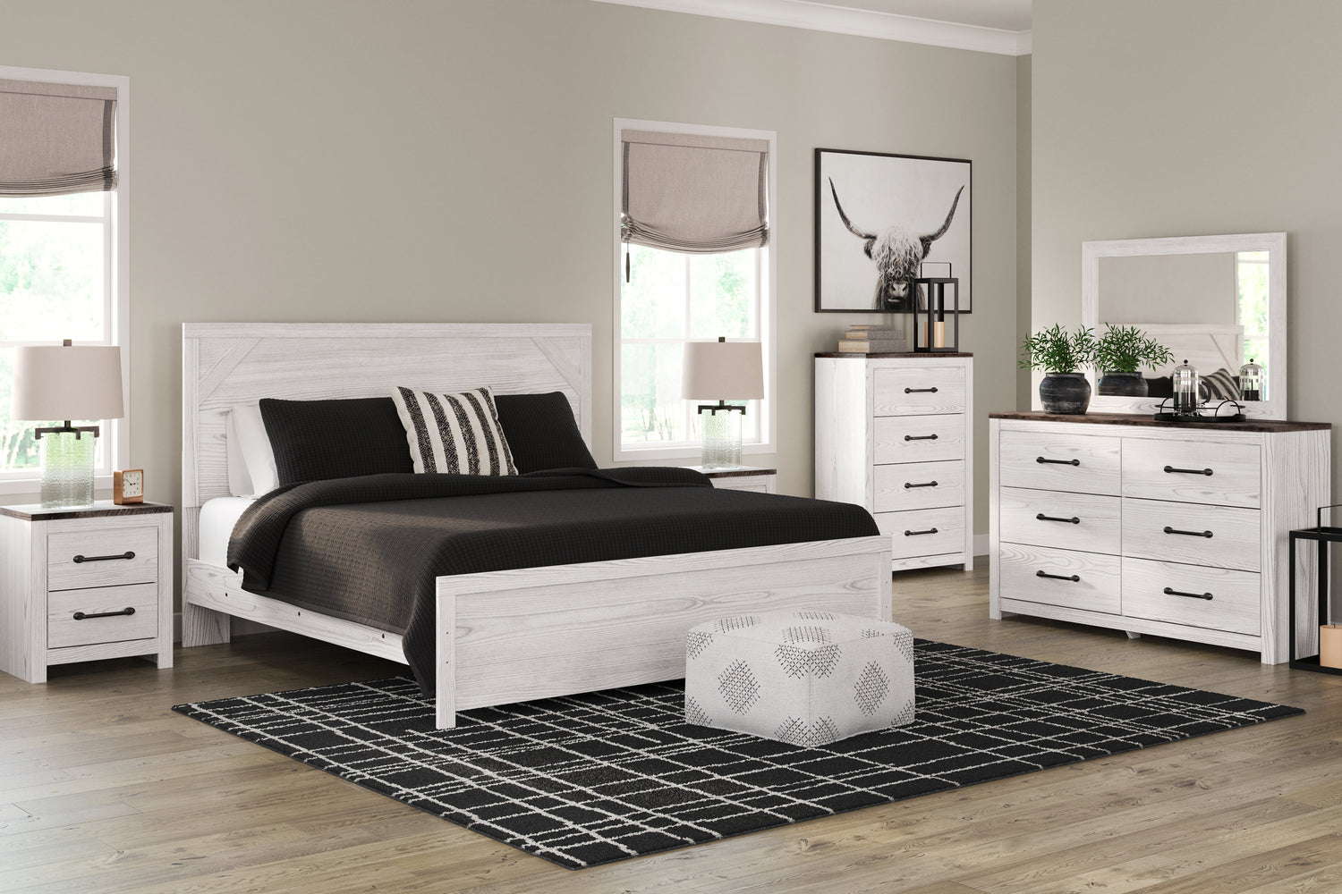 Gerridan White/Gray King Panel Bed, Dresser, Chest and 2 Nightstands - B1190B27