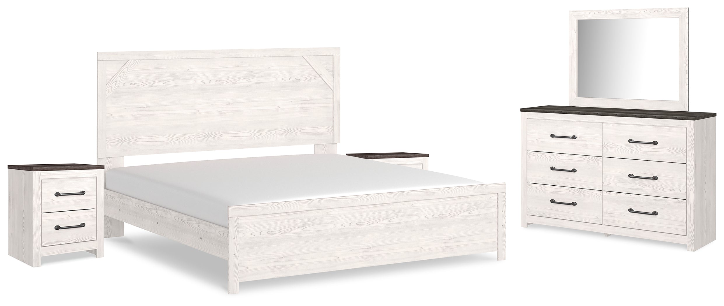 Gerridan White/Gray King Panel Bed, Dresser, Mirror and 2 Nightstands - B1190B19
