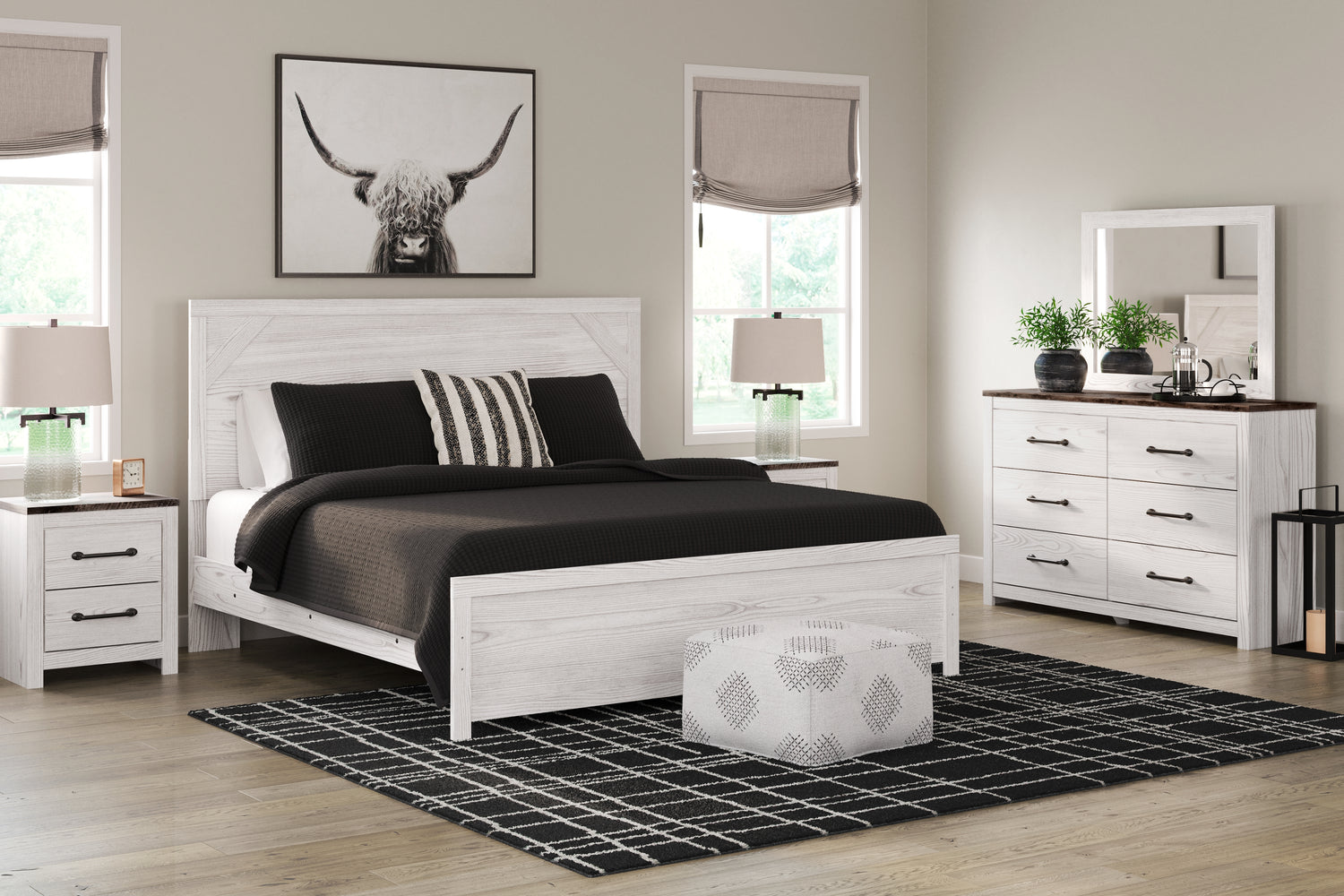 Gerridan White/Gray King Panel Bed, Dresser, Mirror and 2 Nightstands - B1190B19