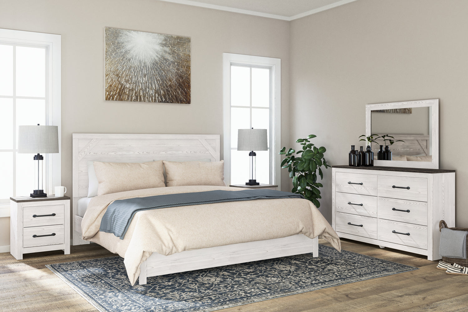 Gerridan White/Gray King Panel Bed, Dresser, Mirror and 2 Nightstands - B1190B19