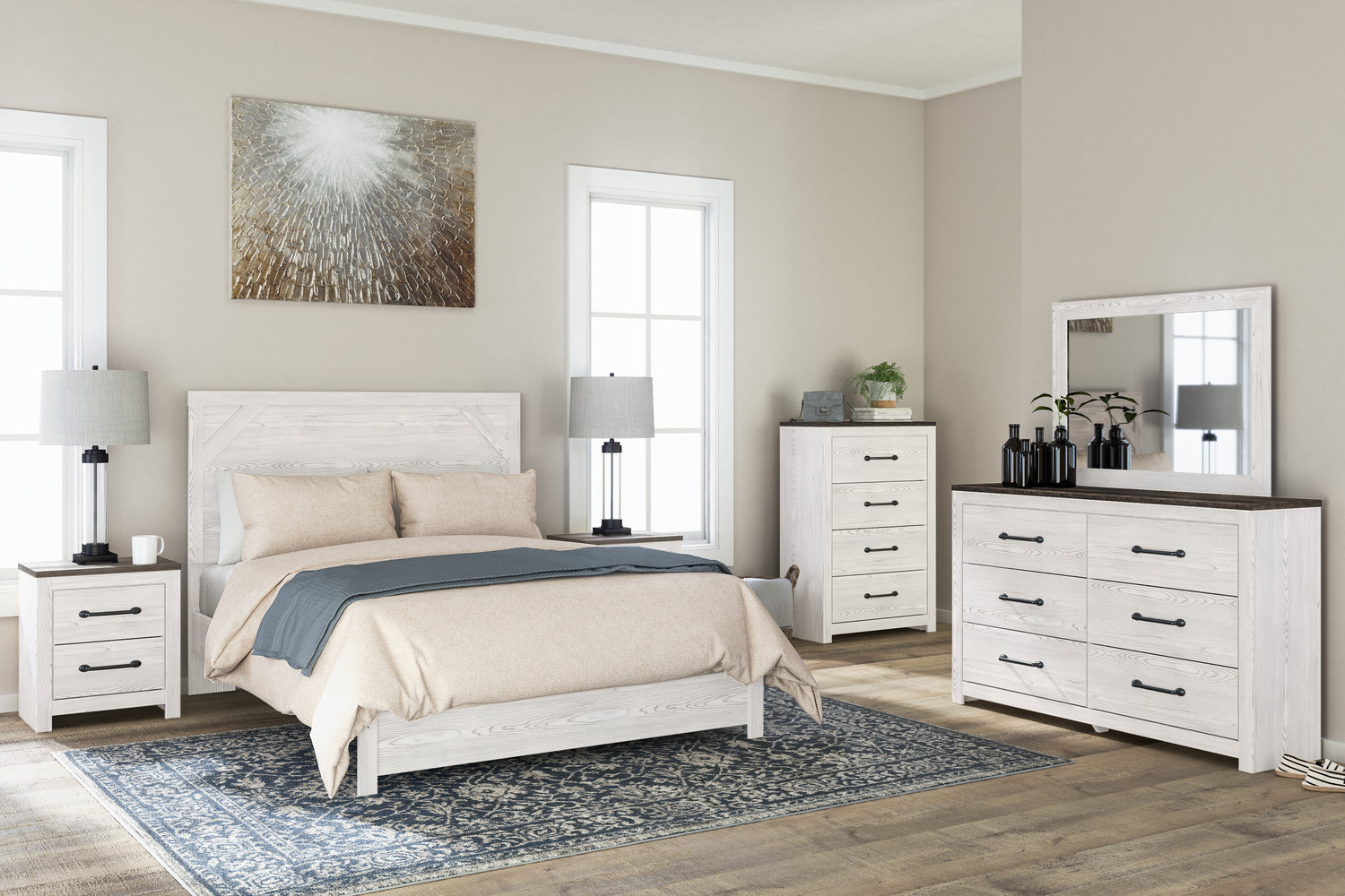 Gerridan White/Gray Queen Panel Bed with Dresser and Mirror, Chest and 2 Nightstands - B1190B13