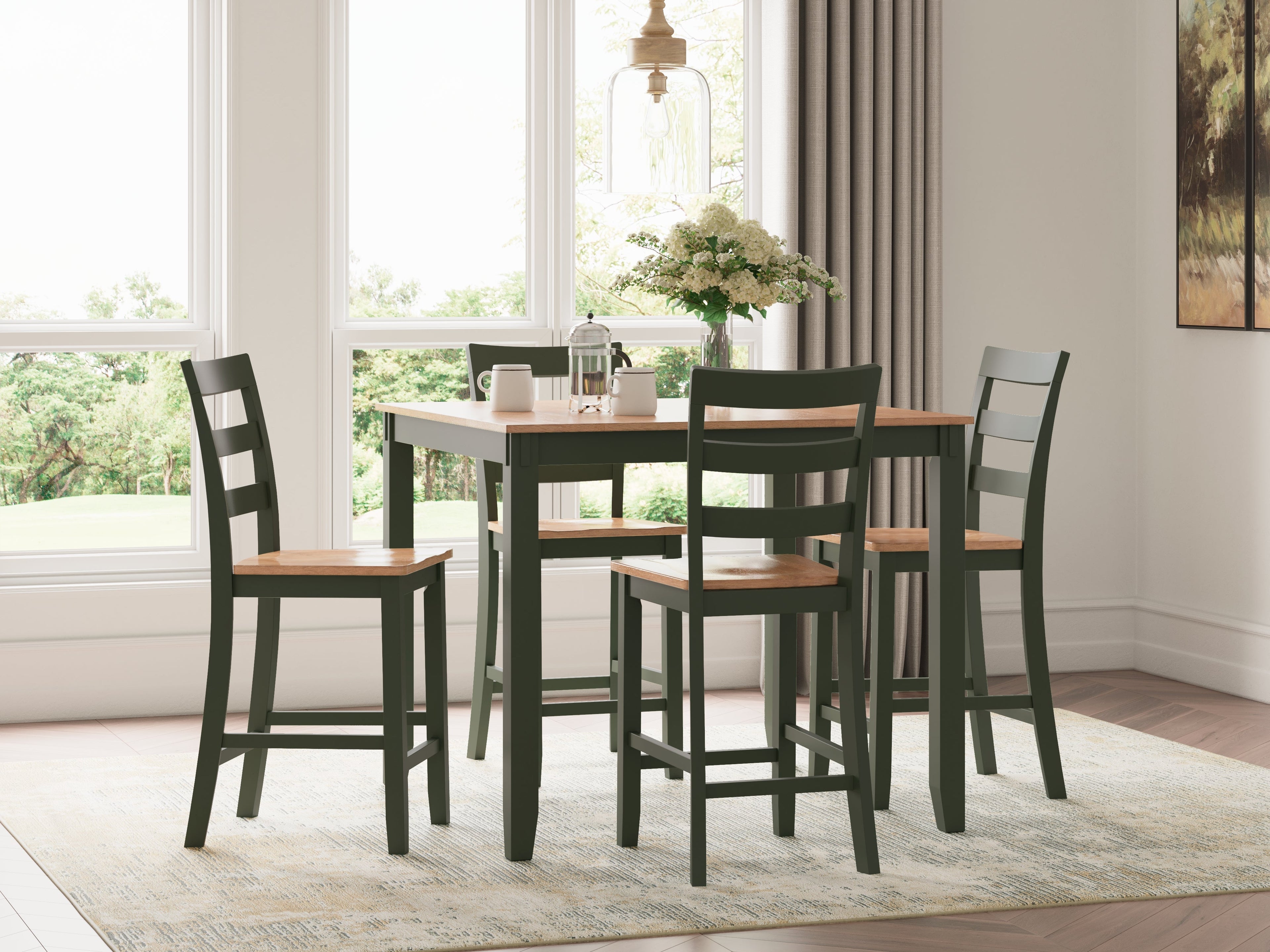 Gesthaven Natural/Green Counter Height Dining Table and 4 Barstools (Set of 5) - D401-223