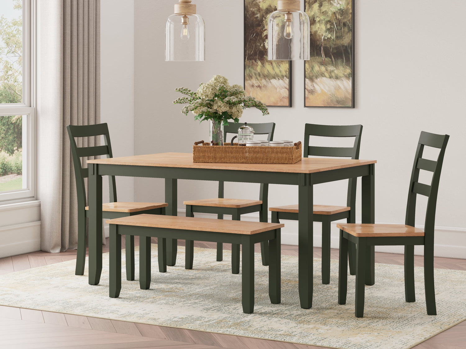 Gesthaven Natural/Green Dining Table with 4 Chairs and Bench (Set of 6) - D401-325