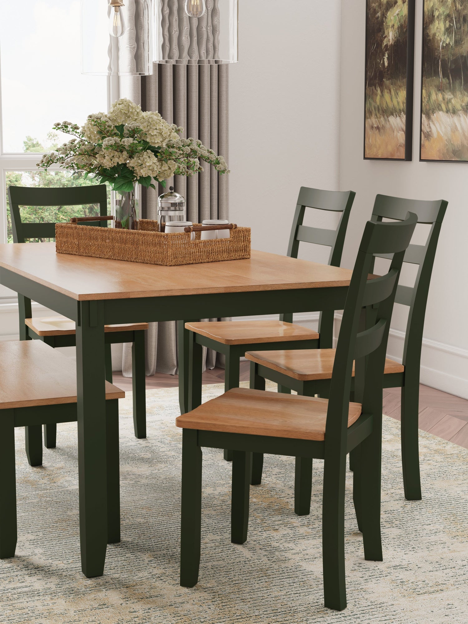 Gesthaven Natural/Green Dining Table with 4 Chairs and Bench (Set of 6) - D401-325
