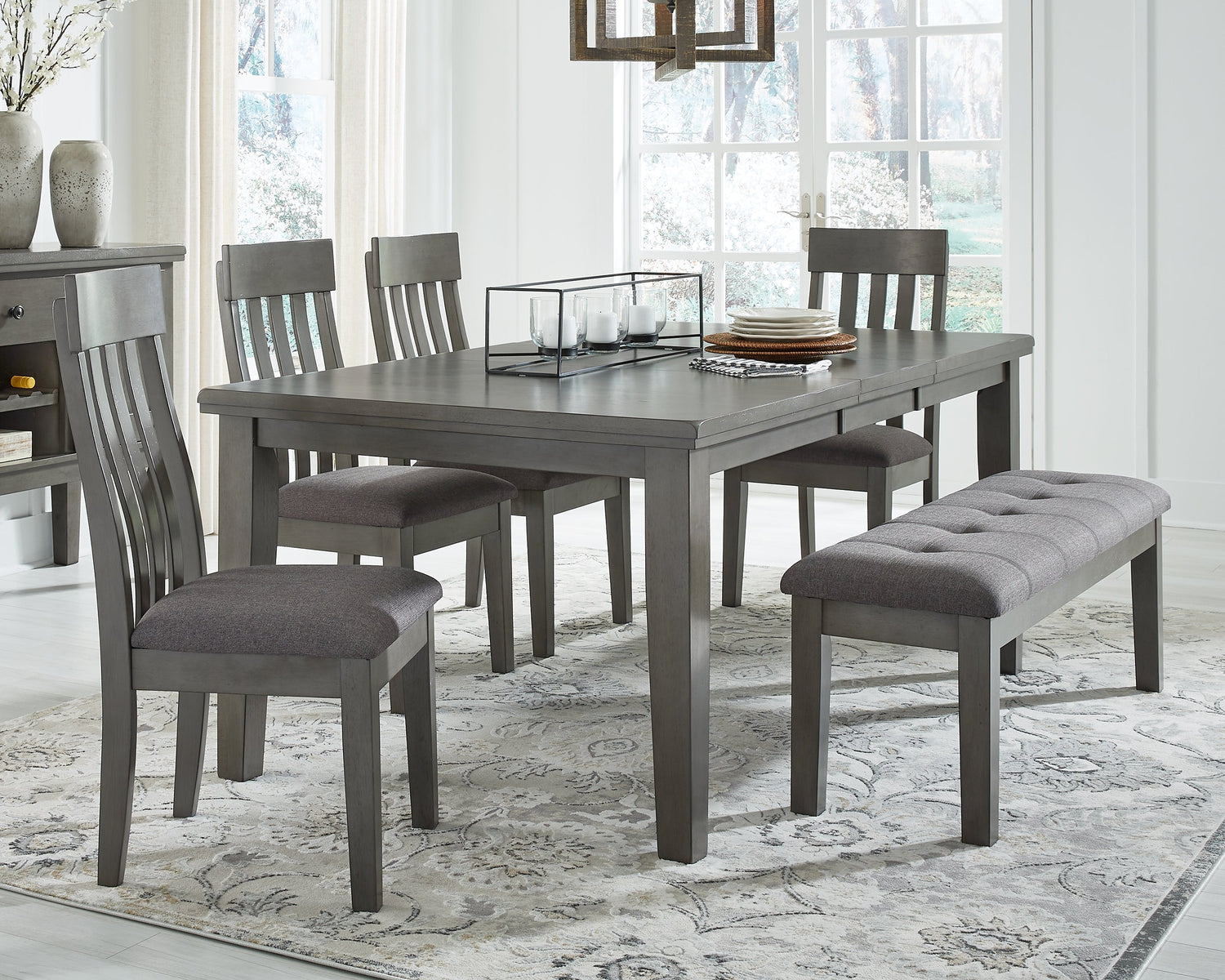 Gray Hallanden Dining Table and 4 Chairs and Bench with Storage - PKG010487