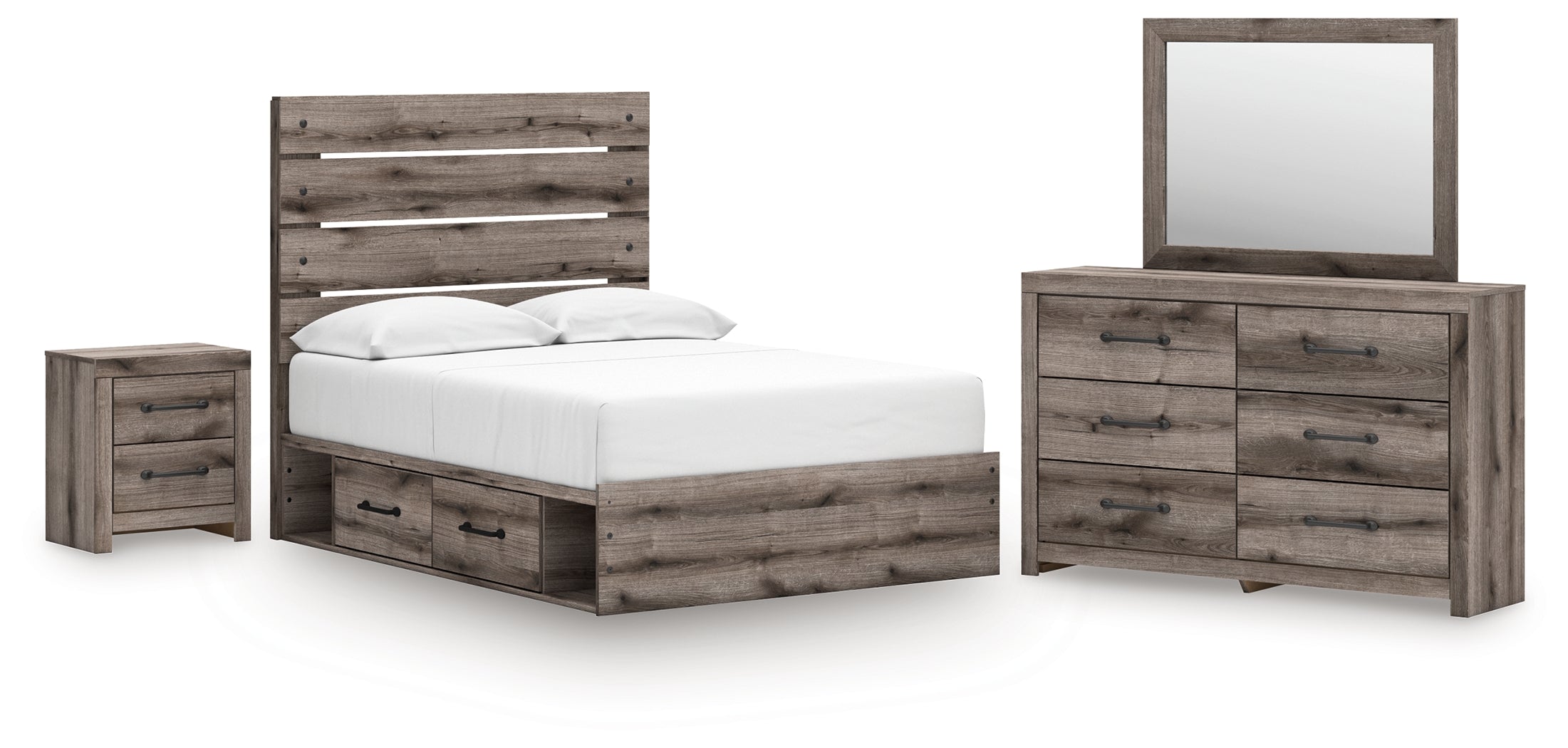 Graystorm Full Panel Bed with Storage with Mirrored Dresser and Nightstand in Brown Gray from Ashley - Luna Furniture